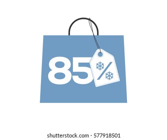 Blue shopping bag with 85% text and a snowflake percent design price tag label on it isolated on white background. For winter sale campaigns.