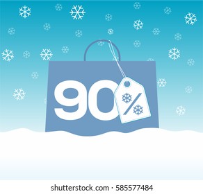 Blue shopping bag with 90% text and a snowflake percent design price tag label on it on snow background. For winter sale campaigns.