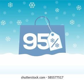 Blue shopping bag with 95% text and a snowflake percent design price tag label on it on snow background. For winter sale campaigns.