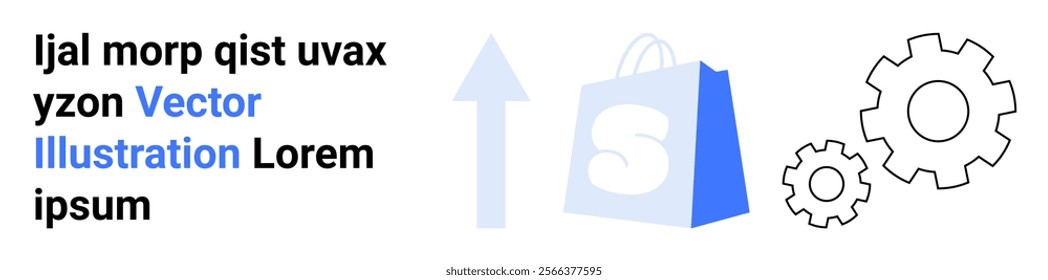 Blue shopping bag beside gear wheels and an upward arrow. Ideal for e-commerce, online shopping, business growth, technology integration, and marketing. Landing page