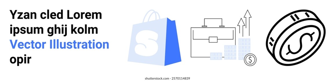 Blue shopping bag, briefcase with bar chart, coin with dollar symbol in black and white vector. Ideal for e-commerce, business growth, financial success, investment, marketing. Landing page