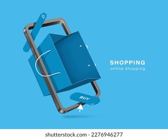 bolsa de compras azul y pantalla de icono de compra o botón de compra en pantalla de smartphone, vector 3d aislado en fondo azul para diseño de publicidad, entrega de comercio electrónico y diseño de concepto de compras en línea 