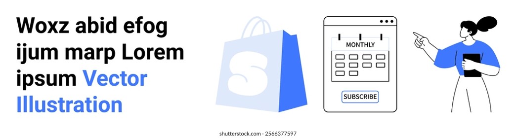 A blue shopping bag, a calendar with a subscribe button, and a woman holding a clipboard pointing. Ideal for business, e-commerce, scheduling, appointments, and organization. Landing page