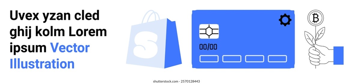 Blue shopping bag, credit card with gear icon, hand holding plant with currency symbol. Ideal for online shopping, financial technology, cryptocurrency, sustainability, modern business. Landing page