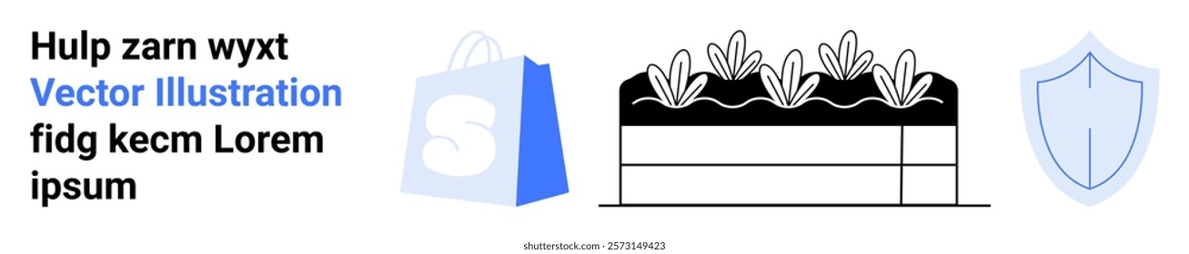 Blue shopping bag digital vector with store logo. Black and white graphic of a garden bed with plants. Blue shield symbol for security or protection. Ideal for e-commerce business, website security