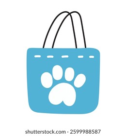 Blue shopping bag with dog paw print. Flat vector design. Illustration on white background.