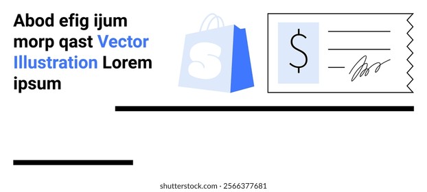 Blue shopping bag with a dollar sign and receipt with a handwritten signature on a white background. Ideal for e-commerce, online shopping, retail, sales, and business services. Landing page