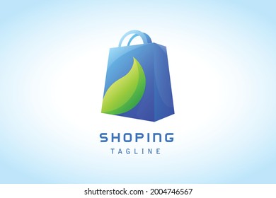 blue shopping bag with green leaf gradient logo company