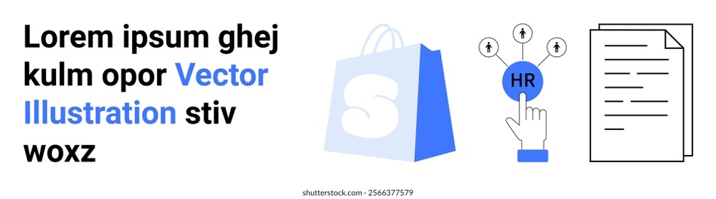 Blue shopping bag, hand touching an HR button, and documents symbolize business services and HR solutions. Ideal for business, e-commerce, human resources, administration, and corporate applications