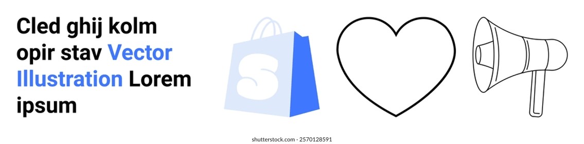 A blue shopping bag, heart, and megaphone icons represent e-commerce, love, announcements, communication, and promotions. Ideal for marketing, online shopping, customer loyalty, social media