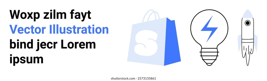 Blue shopping bag, lightbulb with a lightning bolt, rocket. Ideal for e-commerce, technology, innovation, startups, space exploration. Landing page