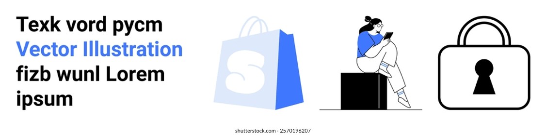 Blue shopping bag, person using mobile, and a padlock symbol. Ideal for e-commerce, online security, mobile apps, digital transactions, privacy protections. Landing page