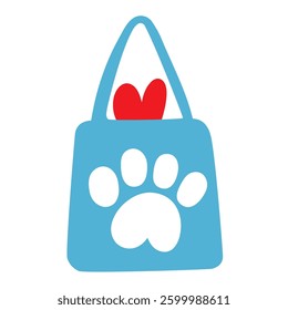 Blue shopping bag with red heart dog and paw print. Vector illustration on white background.
