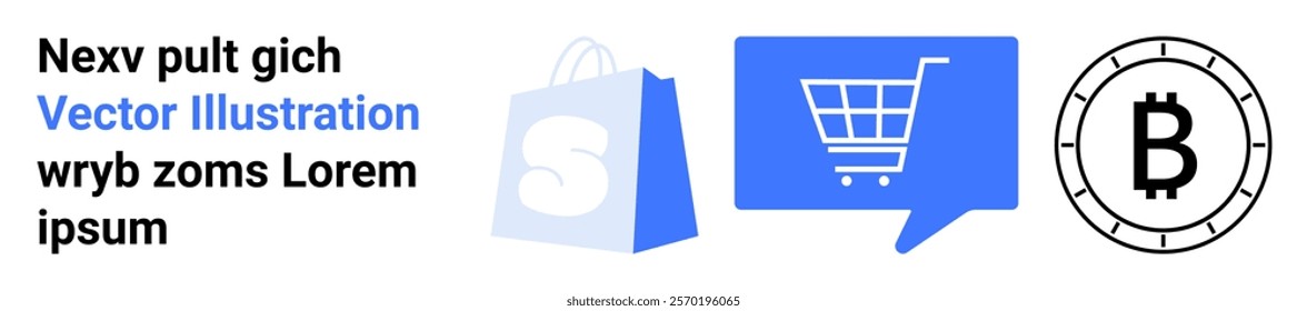 Blue shopping bag with S, blue shopping cart chat bubble, black Bitcoin symbol. Ideal for e-commerce, online transactions, cryptocurrencies, digital marketing, and fintech. Landing page