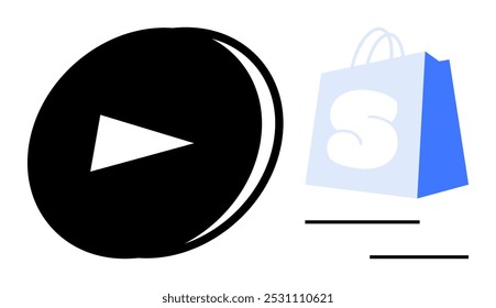 Un bolso de compras azul con un logotipo en S, un Botón de juego negro y tres líneas. Ideal para comercio electrónico, compras en línea, marketing digital, diseño multimedia y startups tecnológicas. Estilo moderno plano