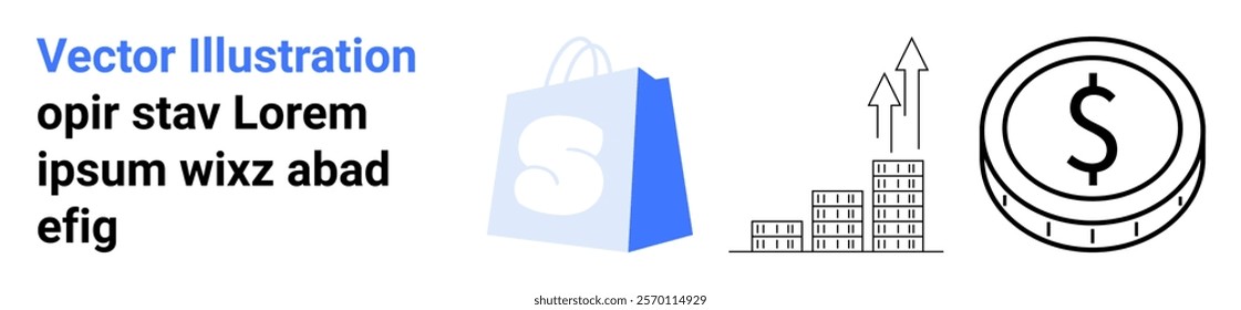 Blue shopping bag with S logo, graph with increasing arrows, circular dollar coin symbol. Ideal for e-commerce, business growth, online shopping, financial success, digital marketing. Landing page