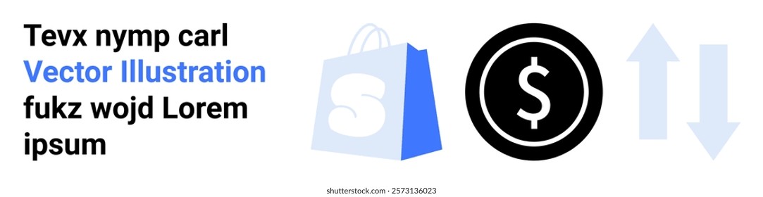 Blue shopping bag with S logo, dollar currency sign in black circle, and light blue bidirectional arrows. Ideal for e-commerce, finance, online shopping, business transactions, digital market