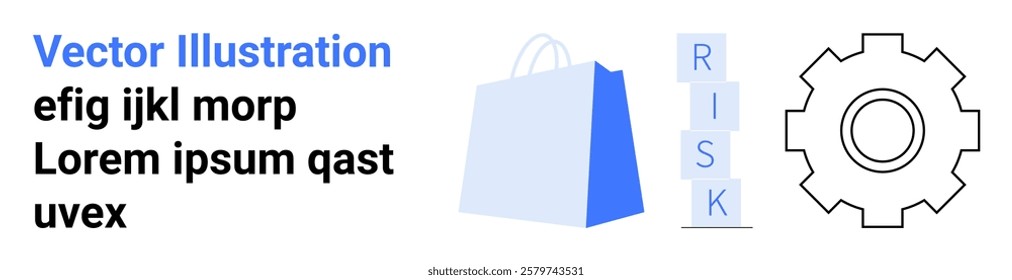 Blue shopping bag symbol with a white letter S white gear symbol and the word RISK in blue theme with grey sample text. Ideal for business e-commerce risk management design and marketing. Landing