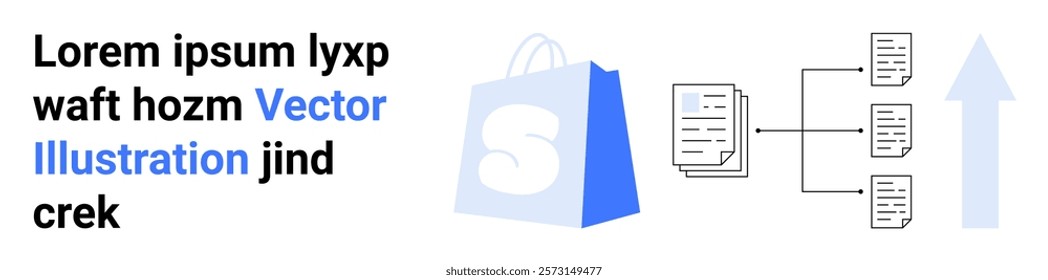 A blue shopping bag symbolizing e-commerce next to a document icon suggesting data management and a flowchart representing strategy process topped with an upward arrow for growth. Ideal for