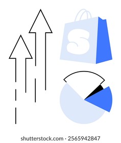 A blue shopping bag, three upward arrows, and a pie chart showing different segments. Ideal for business growth, e-commerce, analytics, financial performance, and market analysis. Modern vector style