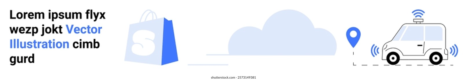 Blue shopping bag with white cloud icon and connected car nearby location pin ideal for e-commerce online shopping delivery logistics technology and customer service. Landing page
