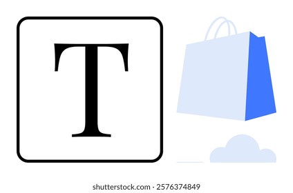 A blue shopping bag with a white letter S on it is next to a square with a capitalized T. Ideal for e-commerce, retail stores, online shopping, typography, branding, and minimalist designs. Simple