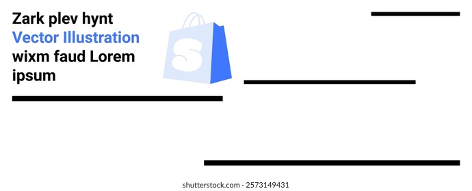 Blue shopping bag with a white S on a partially obscured background accompanied by placeholder text in black and blue. Ideal for e-commerce, online shopping, marketing, promotions