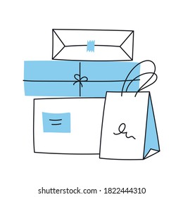 Blue shopping bags, purchases and packages with goods. Shopping and sales concept, flat line vector illustrations on white.