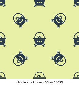 Blue Shopping basket with bitcoin icon icon isolated seamless pattern on yellow background. Blockchain technology, cryptocurrency mining, digital money market. Vector Illustration