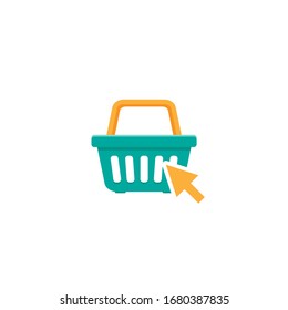 blue shopping basket with cursor arrow sign. Simple icon isolated on white  background. Store orange container. Flat vector Illustration. Good for web and mobile design.
