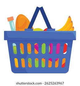 Cesta de compras azul cheia de mantimentos frescos, promovendo um estilo de vida saudável e uma dieta equilibrada