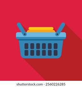 Blue shopping basket full of goods casting a shadow on a red background