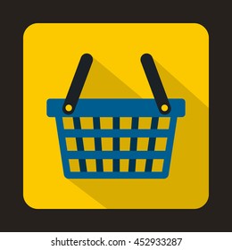Blue shopping basket icon in flat style on a yellow background