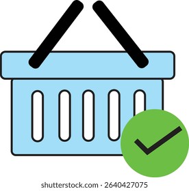 Blue Shopping Basket Vector with Green Check Mark Icon for E-commerce Confirmation, Online Purchase Approval, and Retail UX
