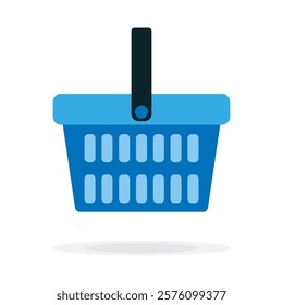 Blue Shopping Basket Vector Icon isolated on white background, e-shop concept, shopping basket sign, pictogram supermarket basket ,store container. Hypermarket product carry object, grocery basket.