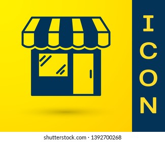 Blue Shopping building or market store icon isolated on yellow background. Shop construction. Vector Illustration