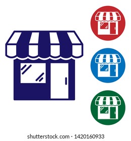 Blue Shopping building or market store icon isolated on white background. Shop construction. Set color icon in circle buttons. Vector Illustration