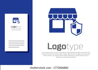 Blue Shopping building with shield icon isolated on white background. Insurance concept. Security, safety, protection, protect concept. Logo design template element. Vector.