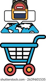 A blue shopping cart with a backpack on top of it. The backpack is labeled with the word "backpack" and is placed on top of the cart. The cart is also labeled with the word "cart"