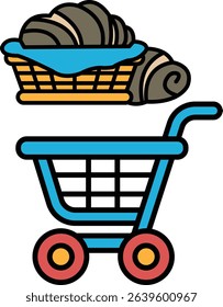 A blue shopping cart with a basket full of food and a blanket on top of it. The basket is overflowing with various items, including fruits, vegetables, and snacks. The blanket is neatly folded