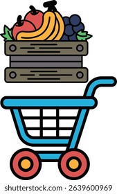 A blue shopping cart with a basket full of fruit. The cart is empty. The basket is full of fruit including bananas, apples, and grapes