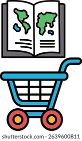 A blue shopping cart with a book on top of it. The book is titled "The World"