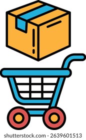 A blue shopping cart with a box on top of it. The box is orange and has a white label