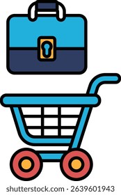 A blue shopping cart with a blue briefcase on top of it. The briefcase is open and the handle is visible