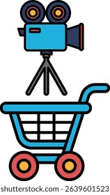 A blue shopping cart with a camera and tripod on top of it. The camera is a small, blue device with a lens and a viewfinder. The tripod is a black, three-legged stand that holds the camera steady
