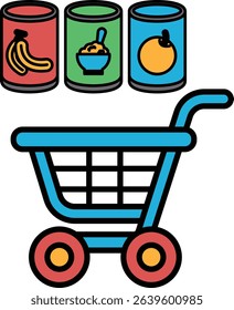 A blue shopping cart with a can of bananas, a can of orange juice, and a can of soup