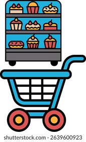 A blue shopping cart with a carton of cupcakes on top. The cart is in a store, and the cupcakes are displayed on the top shelf of the cart