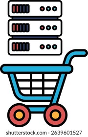 A blue shopping cart with a carton of data storage devices. The carton is full of hard drives and the cart is empty