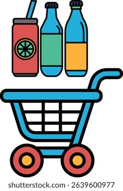 A blue shopping cart with a carton of orange juice, a carton of lemonade, and a carton of soda
