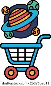 A blue shopping cart with a cartoonish design and a colorful planet on the front. The cart is filled with a variety of colorful balls, including a large one in the center